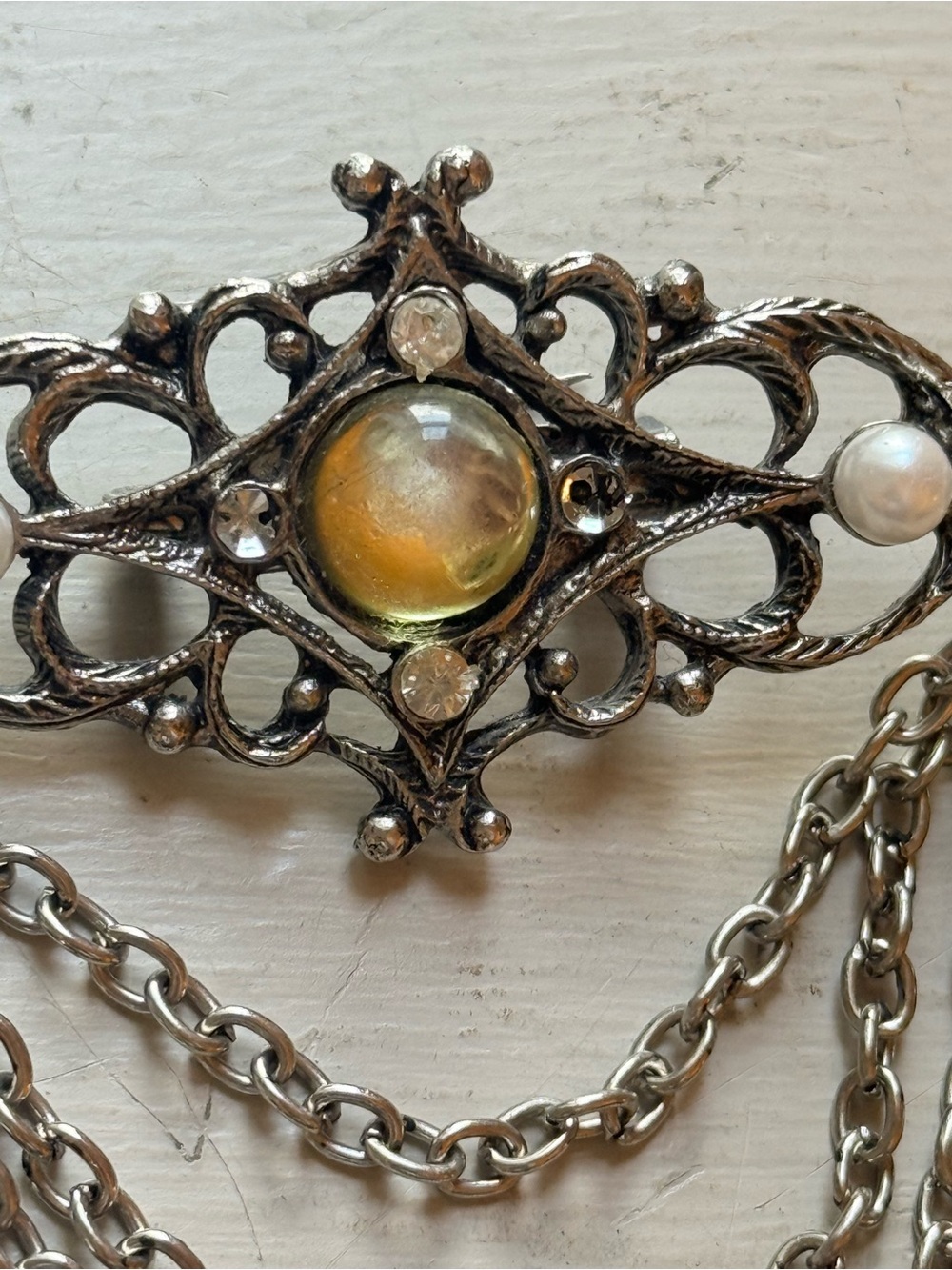 Vtg 1980s Victorian Revival Silver Filigree Brooch Pin Triple Swag Dangle Chain - Picture 6 of 10